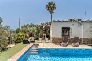 Ein Poolbereich mit Liegestühlen, einer Steinmauer und einer Palme.