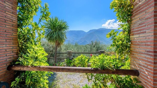 A view through a brick archway with a wooden railing, leading to a mountainous landscape. - Holiday Home 'Las Gallinas Cottage' with Mountain View, Wi-Fi and Air Conditioning (Órgiva)