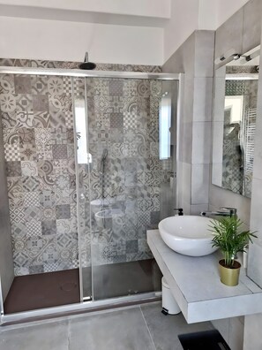 Shower, hair dryer, towels