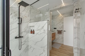 Shower, hair dryer, towels