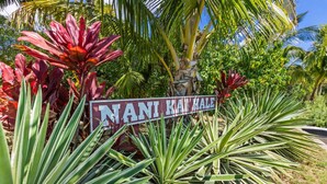 A sign with the text 'NANI KAI KALE' surrounded by tropical plants.