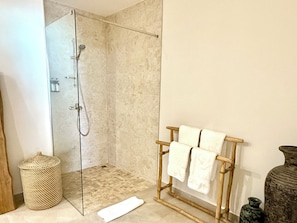 Douche, séchoir à cheveux, serviettes fournies