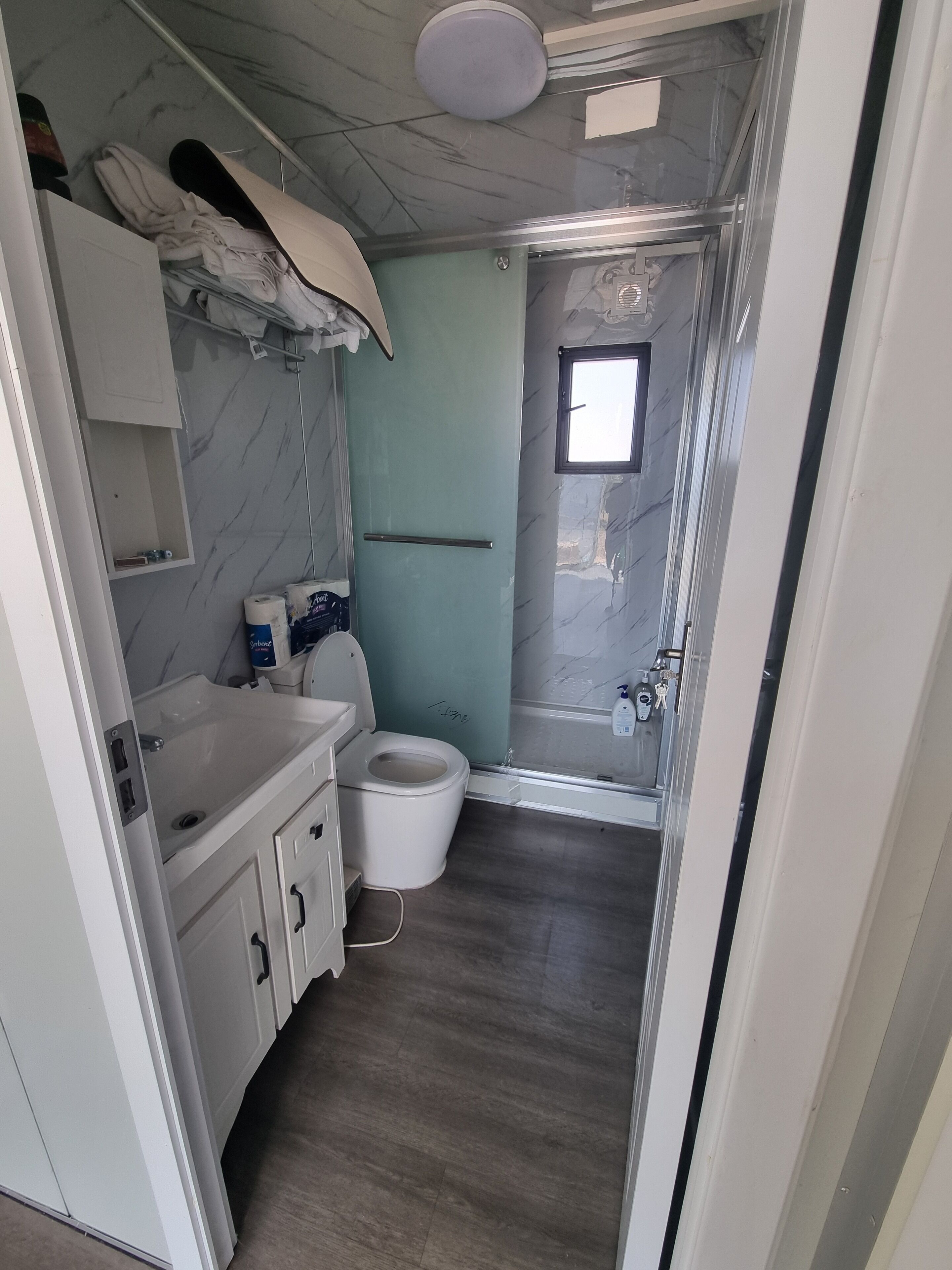 Shower, towels, toilet paper