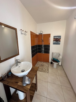 Douche, sèche-cheveux, serviettes fournies, papier toilette