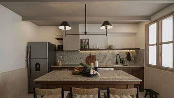 Fridge, microwave, oven, stovetop