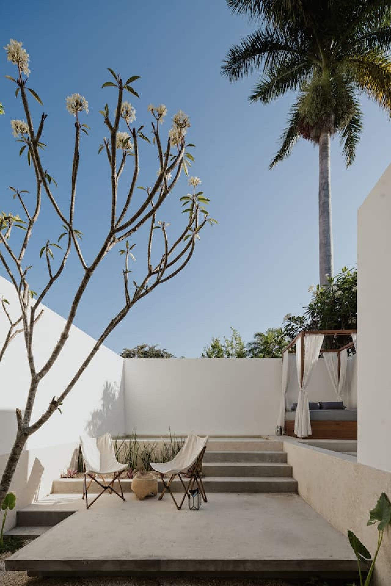 A modern outdoor patio with a concrete floor, a hammock, a white chair, and a palm tree.