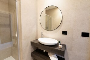 Shower, hair dryer, bidet, towels