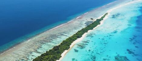 An aerial view of a coastal area with a long stretch of beach, clear turquoise waters, and dense green vegetation along the shoreline.