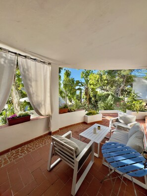 A patio with a white table, blue chairs, a white sofa, and potted plants.