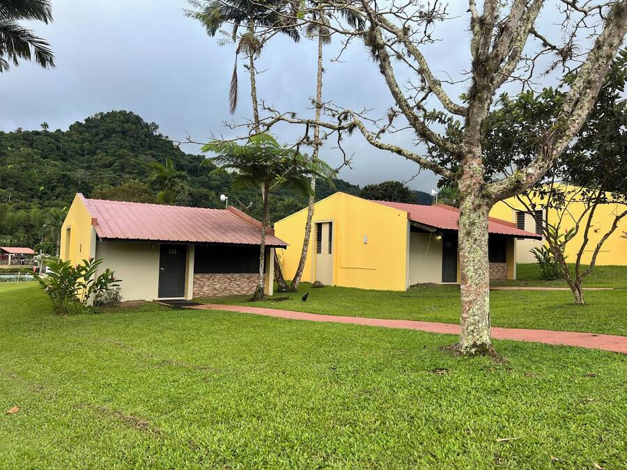 A yellow building with a red roof, surrounded by green grass and trees.