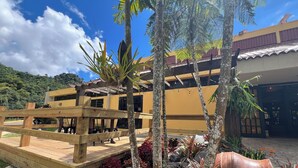 A wooden deck with a pergola, surrounded by tropical plants and rocks.