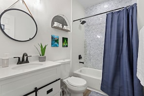 Hair dryer, towels, soap, toilet paper