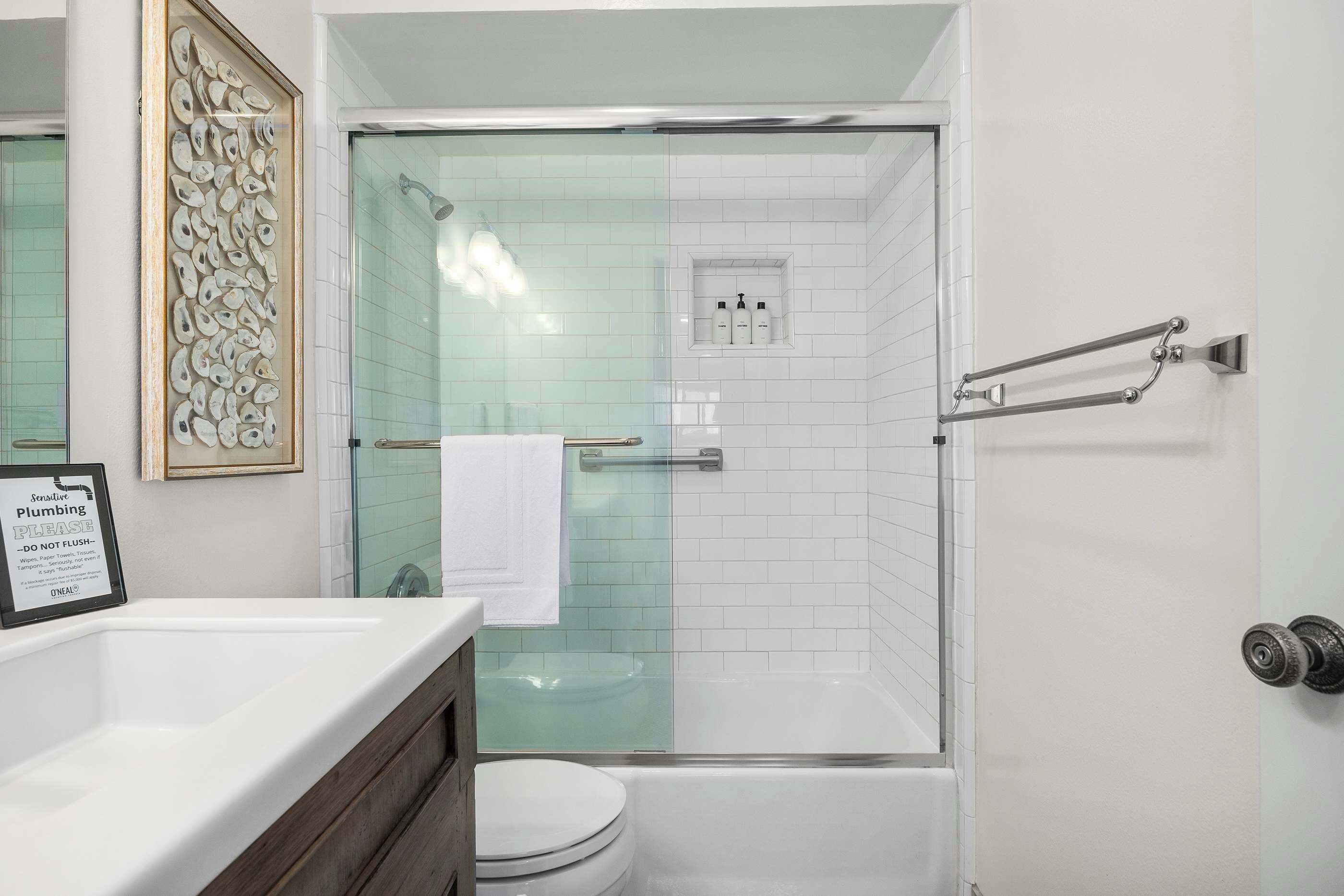 Shower, hair dryer, towels, shampoo