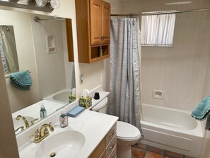 Hair dryer, towels, soap, toilet paper