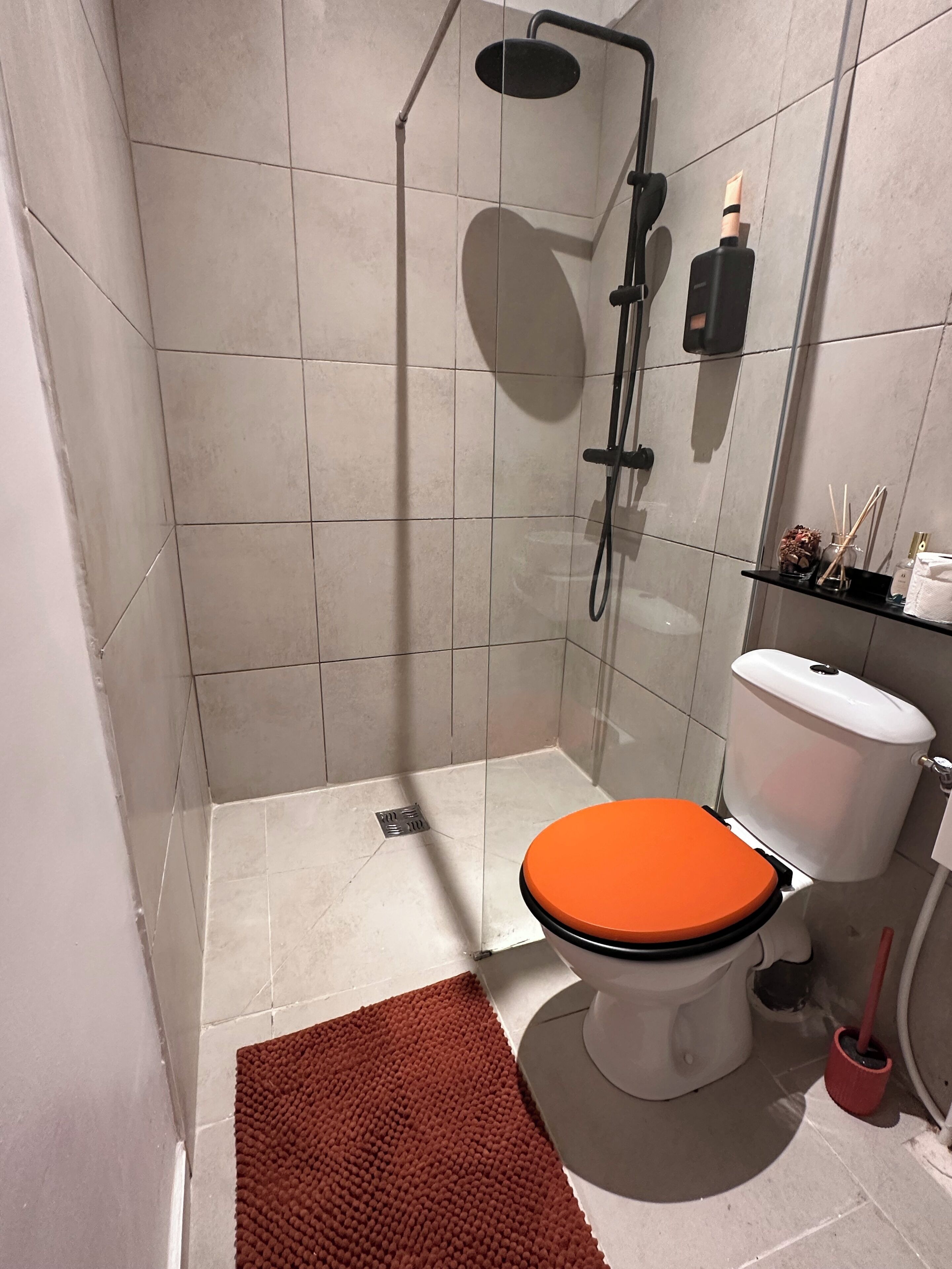 A bathroom with a shower, toilet, and a small shelf with toiletries.