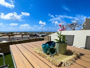 A wooden deck with a view of the beach and ocean, a potted plant, and a woven placemat.