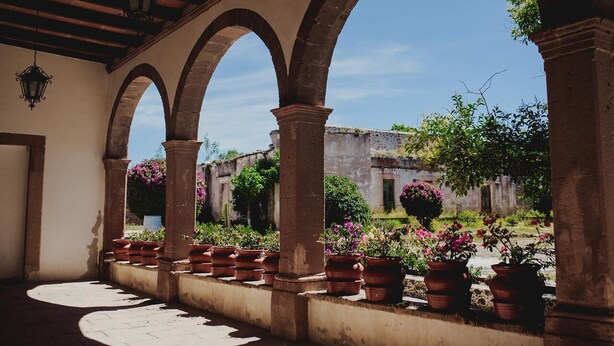 Une cour extérieure agrémentée d’arcades, de plantes en pot et d’un bâtiment en arrière-plan.