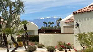 Zona residencial con casas blancas, palmeras y una cadena montañosa al fondo.