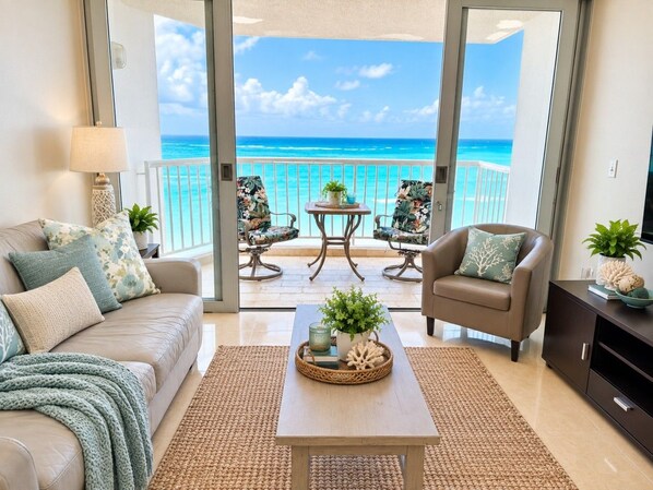 A living room with a sofa, armchair, and coffee table, a small table with plants, and a view of the ocean through large glass doors.