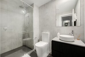 Hair dryer, towels, soap, toilet paper