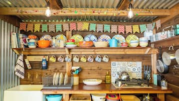 Cabin | Private kitchen | Fridge, microwave, stovetop, electric kettle