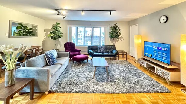 A modern living room with a grey sofa, a purple armchair, a blue sofa, a coffee table, and a TV on a stand.