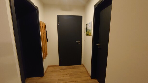 Un pasillo con piso de madera, dos puertas negras y un interruptor de luz en la pared.