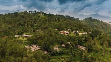 Escape to a serene hillside retreat with cozy cottages and spacious structures amidst lush greenery and terraced gardens.