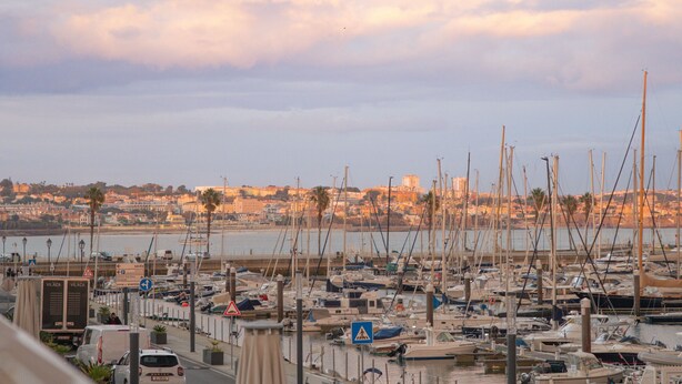 Un port de plaisance où sont amarrés de nombreux bateaux, avec une vue sur la ville en arrière-plan et un ciel dégagé.