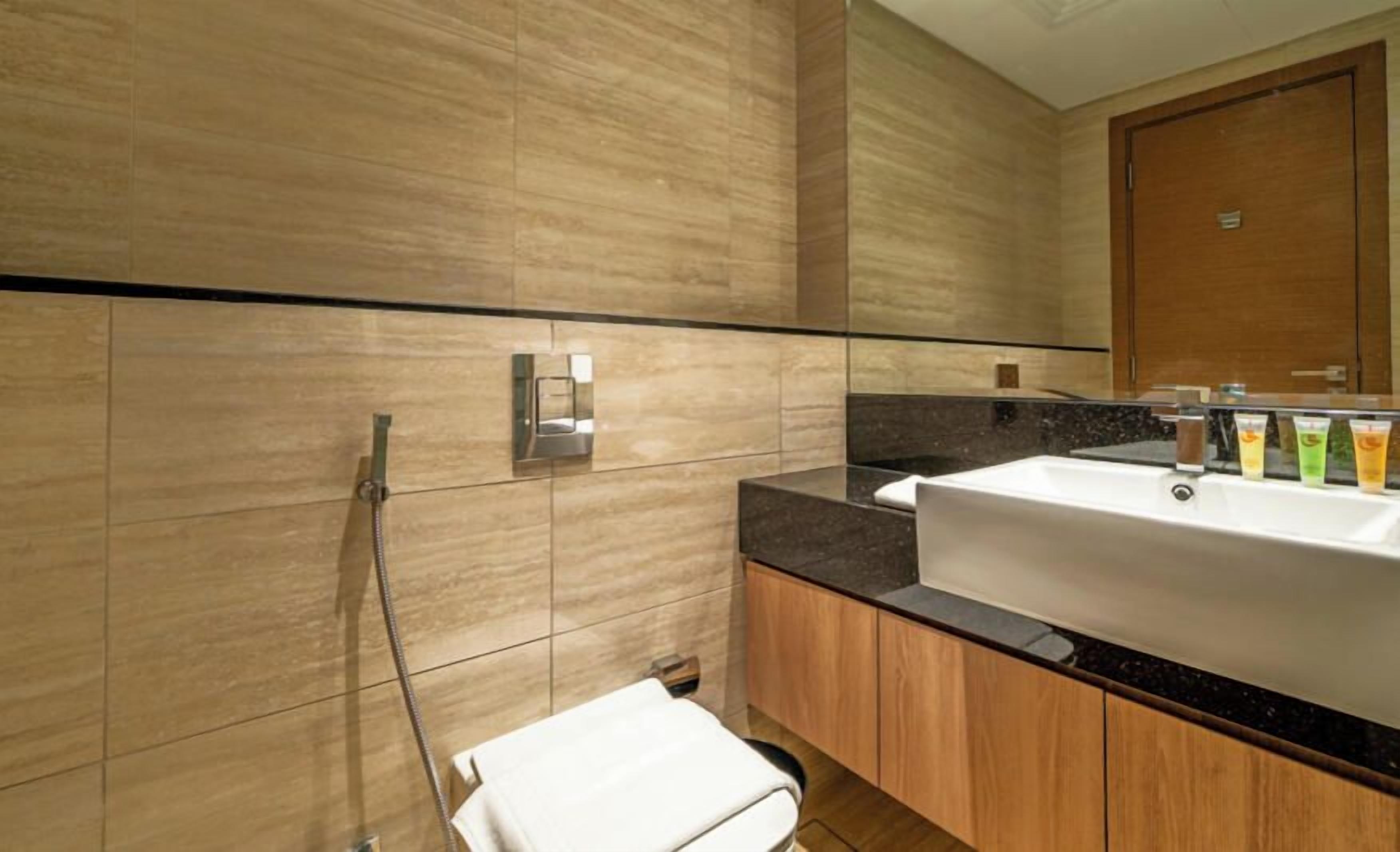 A modern bathroom with a large sink, a mirror, and a towel rack.