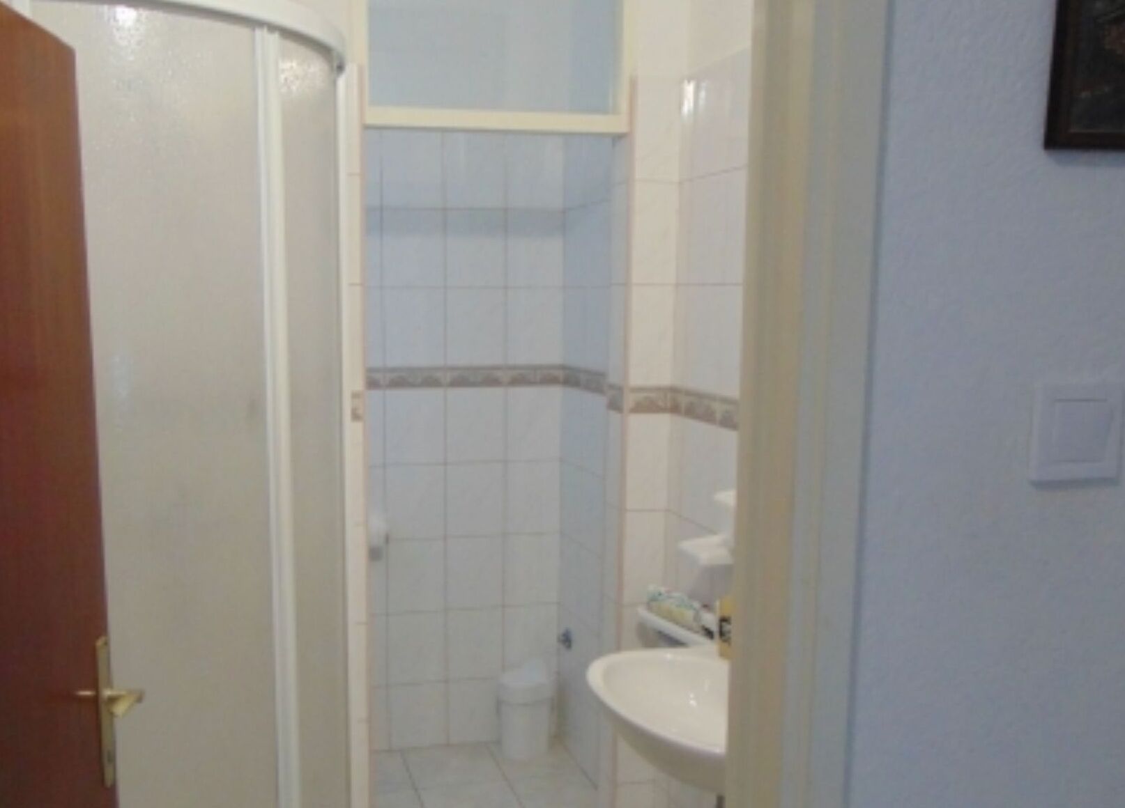 A bathroom with a white sink, a toilet, and a shower area.