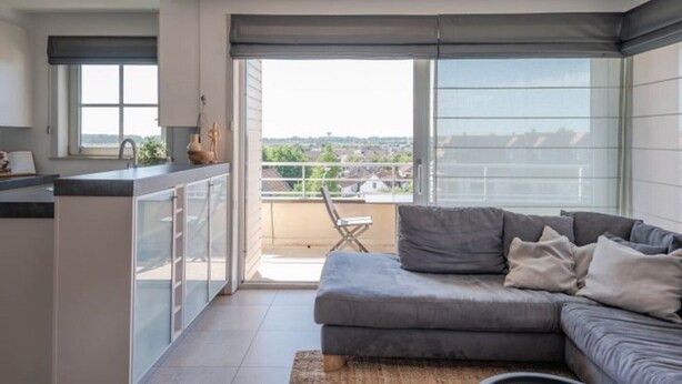 Un appartement moderne avec un canapé gris, un coin cuisine et un balcon offrant une vue sur la ville.