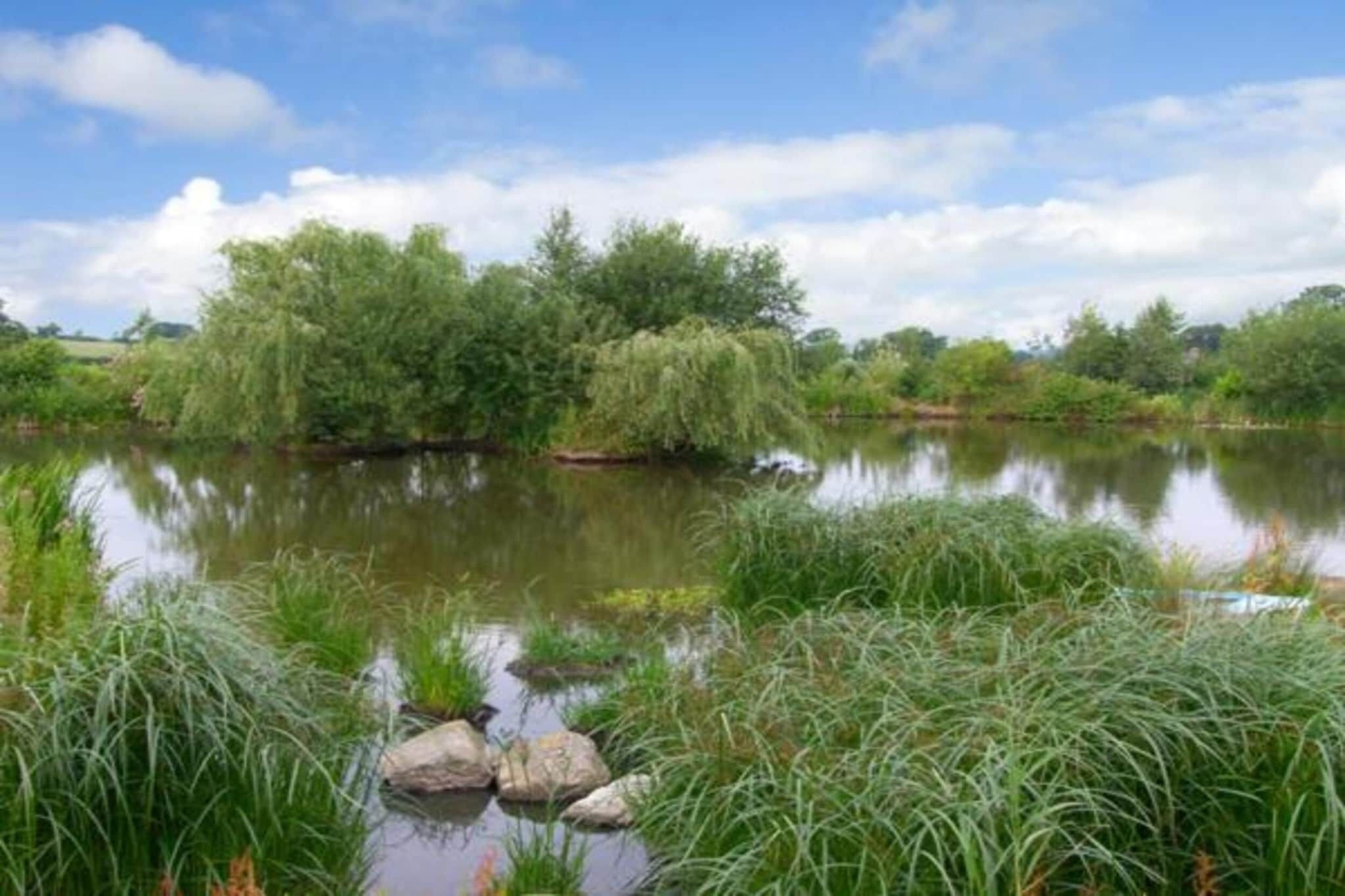 Een vredig rivierlandschap met weelderige begroeiing en bomen die in het water worden weerkaatst.