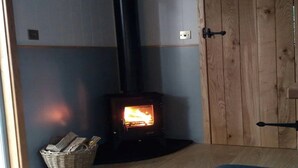 A room with a wood-burning stove, a wooden door, and a basket of firewood.