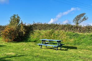 Una mesa de picnic en un área con césped, cielo despejado y árboles al fondo.
