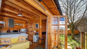 Een knus houten vakantiehuisje met een kitchenette, een bed met dierenprint kussens en een groot raam dat uitkomt op een tuin.
