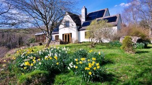 A house with a sloped roof, solar panels, and a garden with daffodils. - Holiday Home in Mid Wales with Countryside Views (Llanidloes)