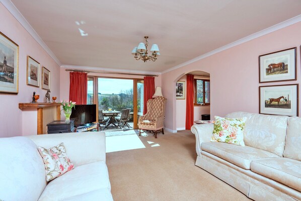 A living room with two sofas, a TV, a fireplace, and a dining area with a table and chairs.