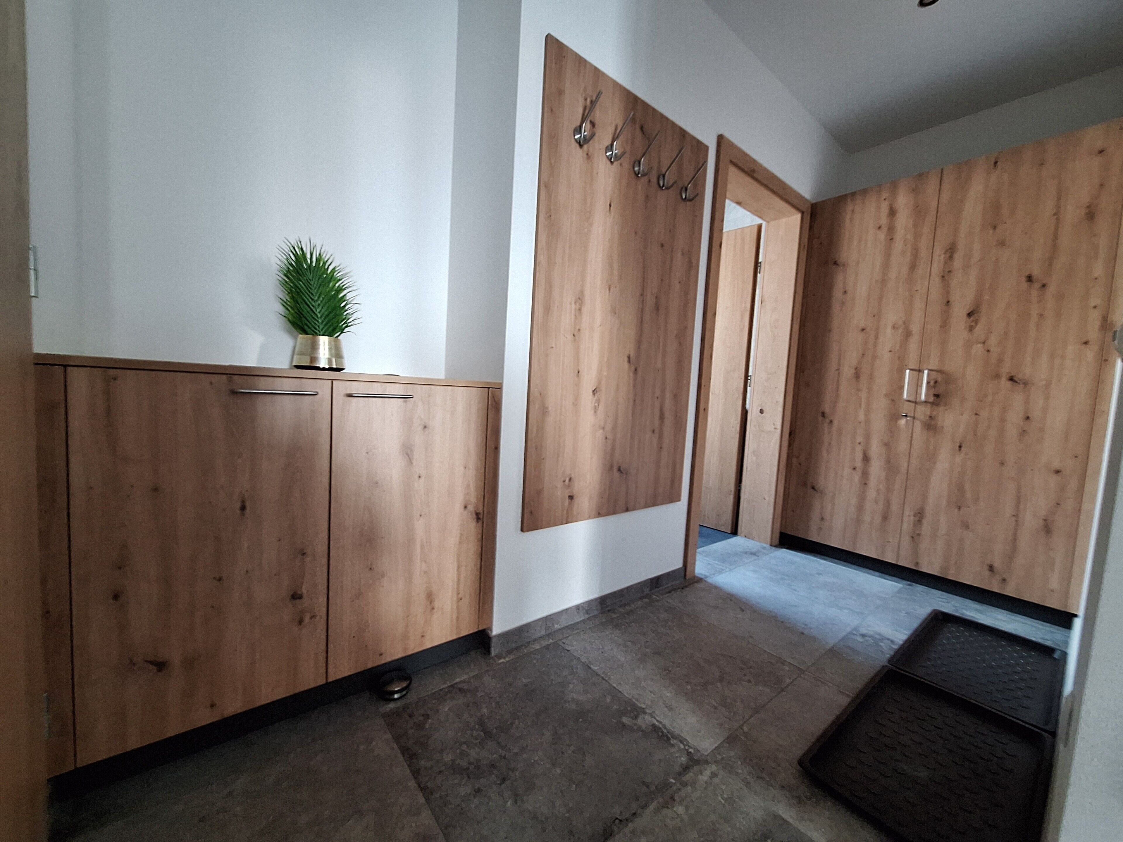 Un corridoio con armadietti in legno, una pianta in vaso e un telaio di porta in metallo.