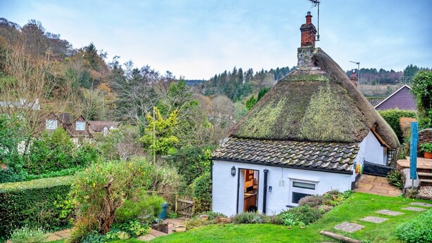 A white cottage with a thatched roof, surrounded by lush greenery and a stone pathway leading to the entrance. - Cottage in Alcombe near Exmoor Park (Alcombe)