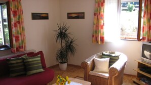Een woonkamer met een rode bank, een rieten fauteuil, een bijzettafeltje met een bloevas, een kamerplant en een televisie op een houten dressoir.