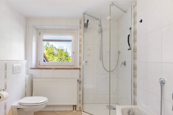 Shower, hair dryer, towels