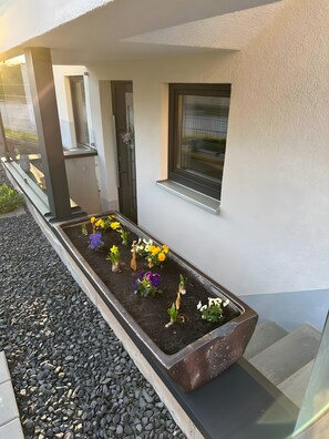 A modern building with a planter box containing various flowers.