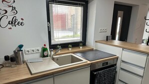 Una cocina moderna con pileta, encimera y lavavajillas.