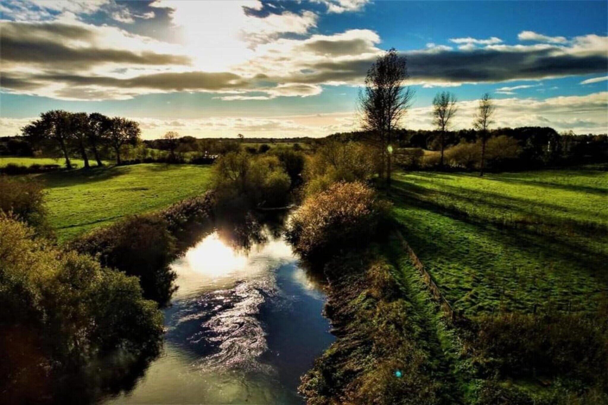 Ein Fluss schlängelt sich durch eine üppige, grüne Landschaft mit Bäumen und offenen Feldern.