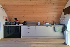 Fridge, microwave, stovetop, coffee/tea maker