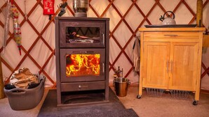 Un poêle à bois doté d’une porte en verre, d’un meuble en bois et d’une couverture anti-feu accrochée au mur.