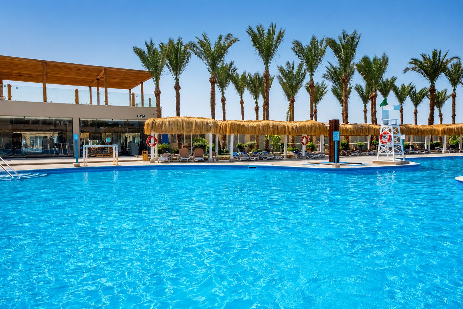 Ein Swimmingpool mit Liegestühlen und Palmen.