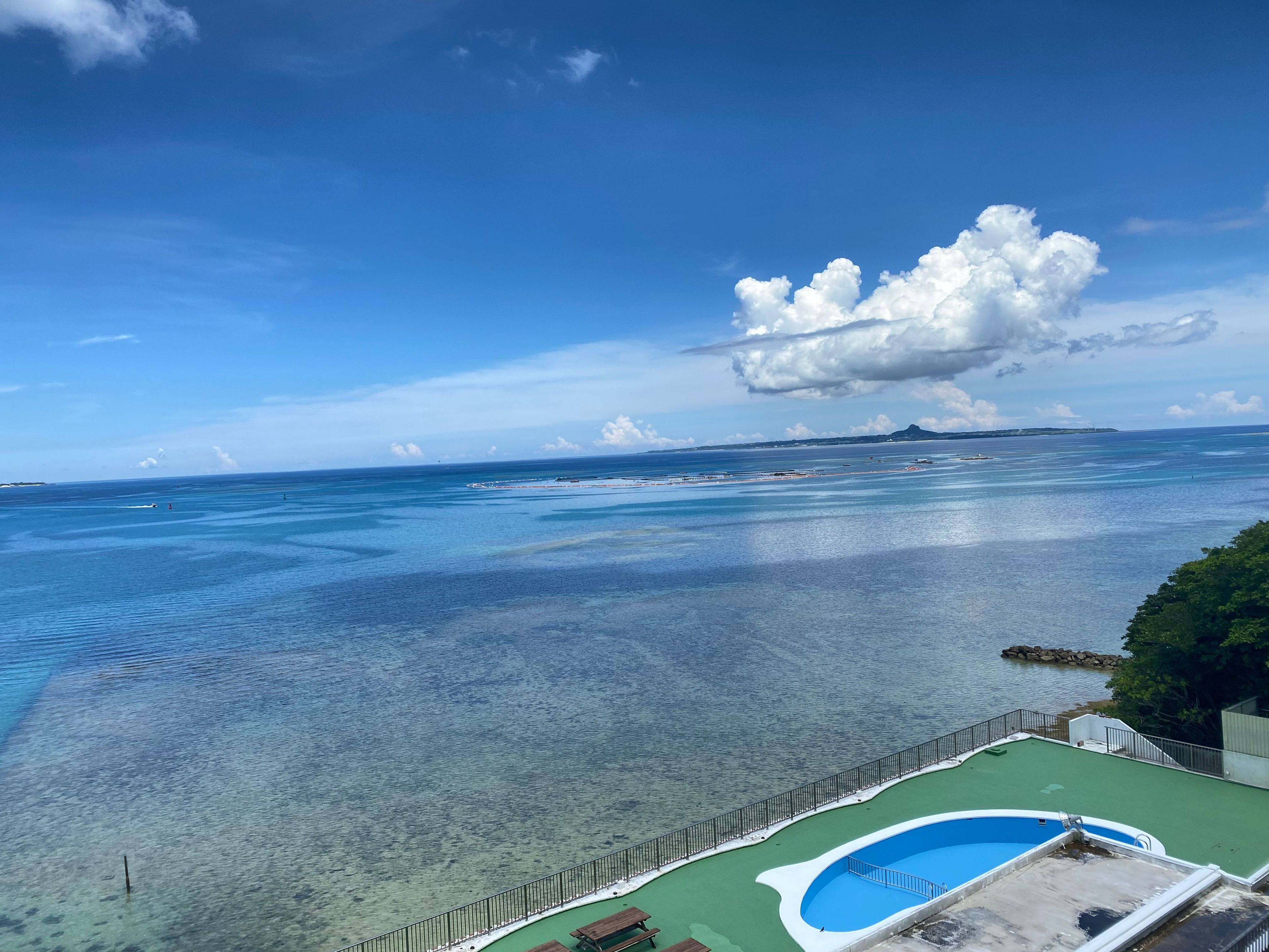 A clear view of a swimming pool with a green deck, surrounded by a metal railing.