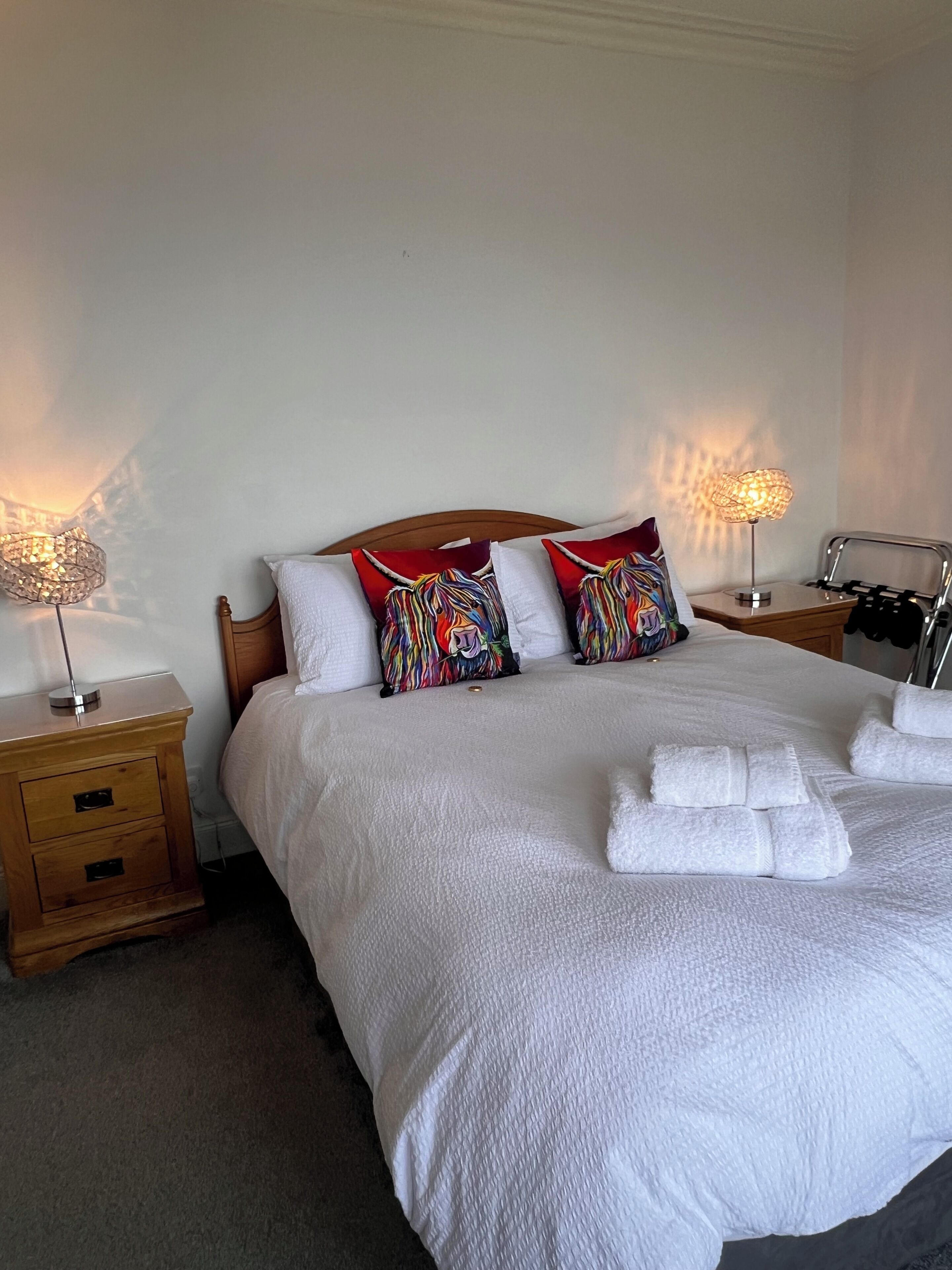 A neatly made bed with white linens, two decorative pillows, a bedside lamp, and a small wooden nightstand with drawers.
